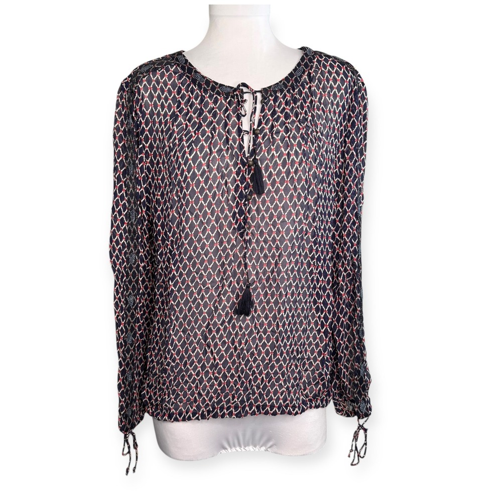 Lucky Brand XL Women's Sheer Geometric Print Long Sleeve Tassel Tie Neck Blouse